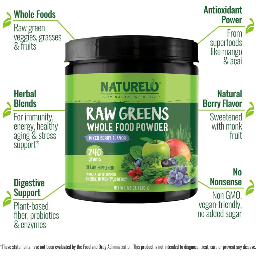 NATURELO Raw Greens Whole Food Powder (Mixed Berry), image 4