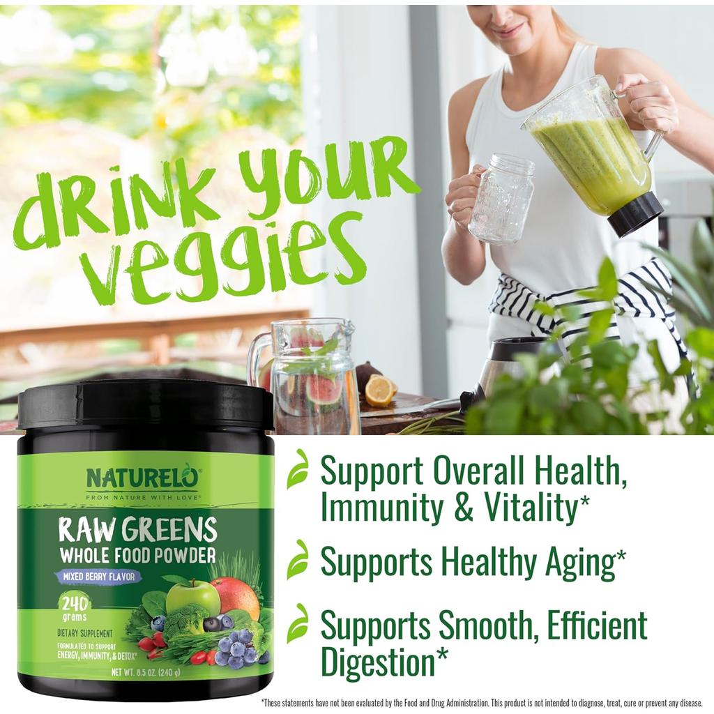 NATURELO Raw Greens Whole Food Powder (Mixed Berry), image 8