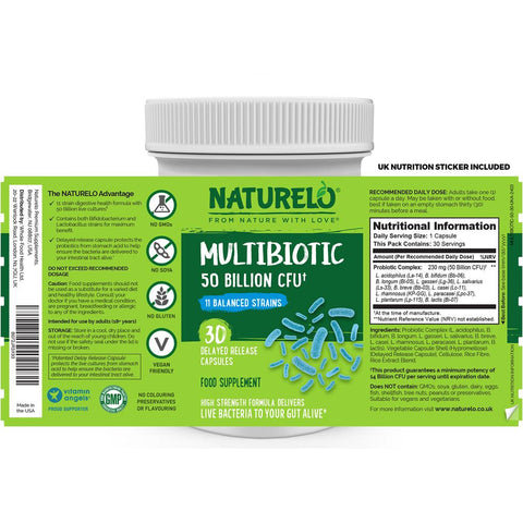 Naturelo Multibiotic supplement with 50 billion CFU, 11 strains, promoting healthy gut - no refrigeration required