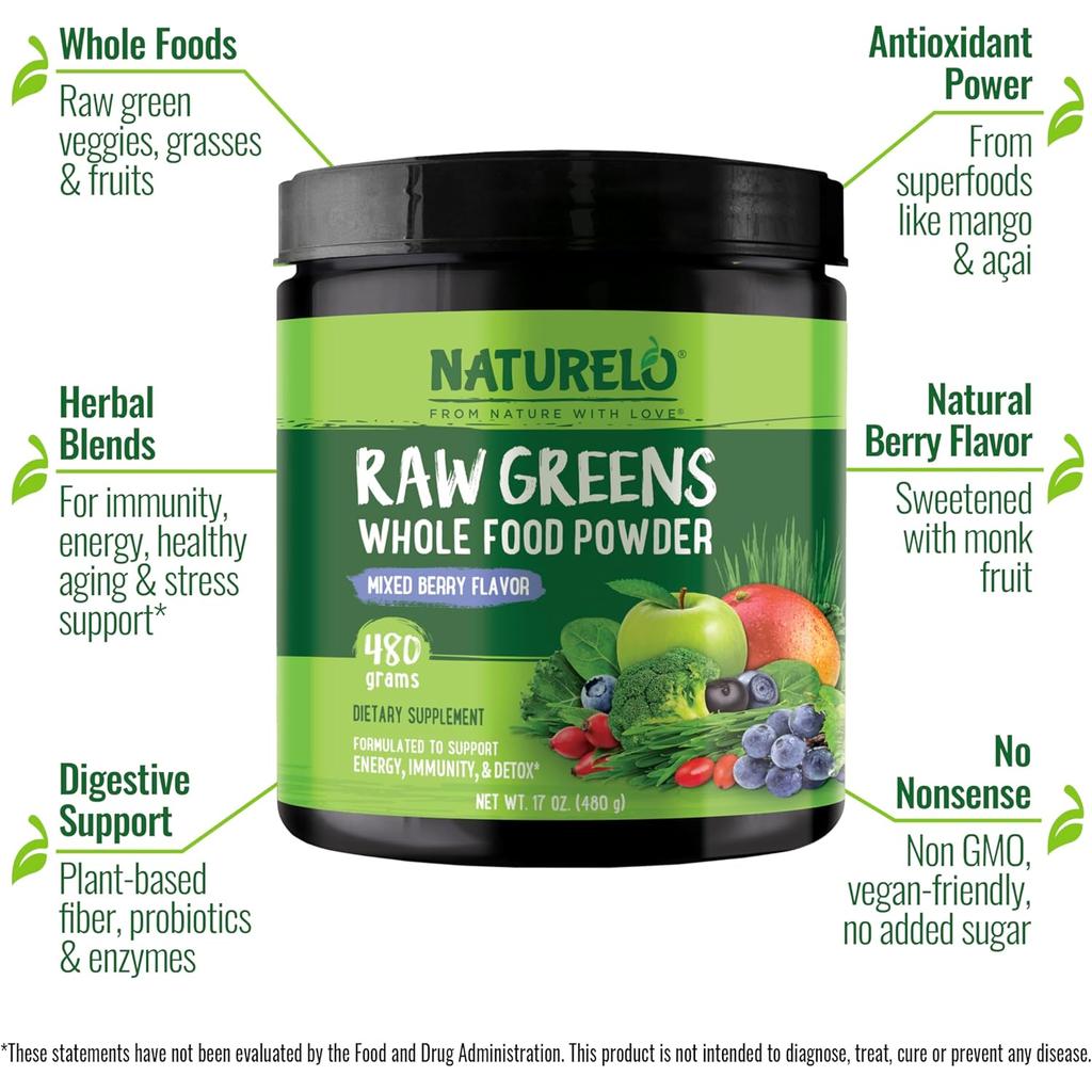NATURELO Raw Greens Whole Food Powder (Mixed Berry), image 12