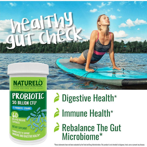 Naturelo Multibiotic 50 Billion CFU supplement, promoting healthy gut and relieving digestive discomfort