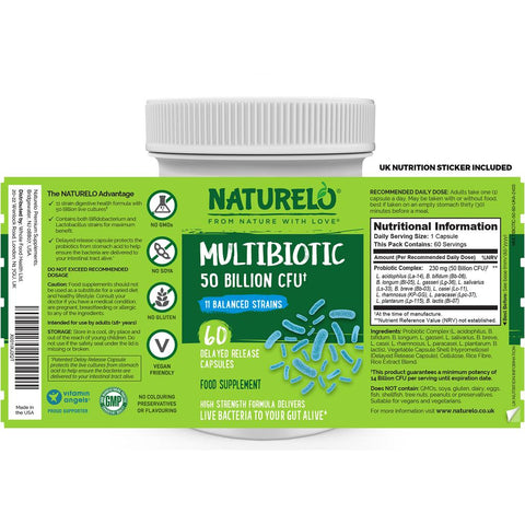 Naturelo Multibiotic 50 Billion CFU supplement, promoting healthy gut, soothing digestive discomfort, vegan-friendly