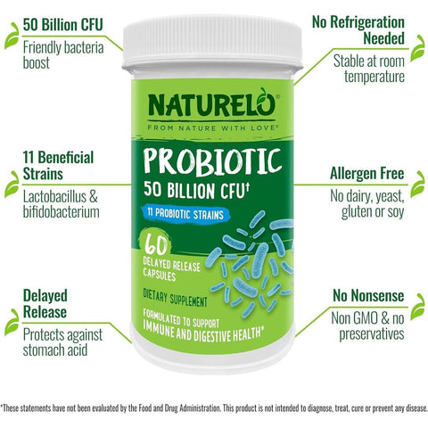 Naturelo Multibiotic supplement with 50 Billion CFU, 11 strains for gut health, vegan, gluten-free