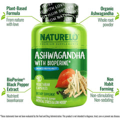 Naturelo Ashwagandha Root Pure Dried Herb with Black Pepper Extract - Stress Relief & Immune Support - Organic Herbal Supplem