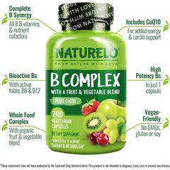 Naturelo B-Complex with Natural Vitamin B6, Folate, B12 & Biotin - Energy & Metabolism Support.