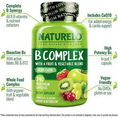 Naturelo B-Complex with Natural Vitamin B6, Folate, B12 & Biotin - Energy & Metabolism Support Formula