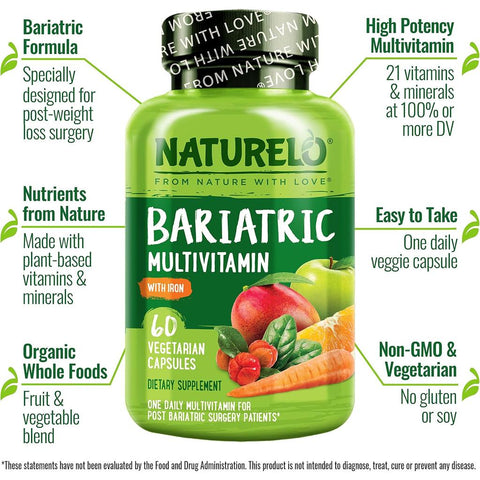 Naturelo bariatric multivitamin with natural vitamins, fruit & veg extracts, extra iron - Complete support for weight loss su