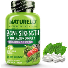 Naturelo Bone Strength with Natural Calcium, Magnesium, Vitamin C, D3, K2 - Strong Bones & Immune Support Supplement.