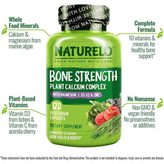 Naturelo Bone Strength with Natural Calcium, Magnesium, Vitamin C, D3, K2 - Supports Strong Bones & Immune Health - 1250mg -