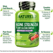 Naturelo Bone Strength with Natural Calcium, Magnesium, Vitamin C, D3, K2 - Supports Bone Health and Mineral Absorption.