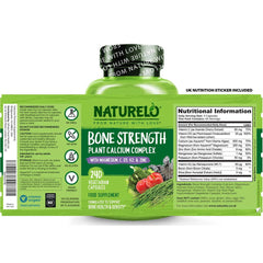 Naturelo Bone Strength with Natural Calcium, Magnesium, Vitamin C, D3, K2 - Essential for Strong Bones & Immune Support.