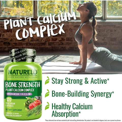 Naturelo Bone Strength with Natural Calcium, Magnesium, Vitamin C, D3, K2 - Supports Healthy Bones & Immune System - 90 Capsu