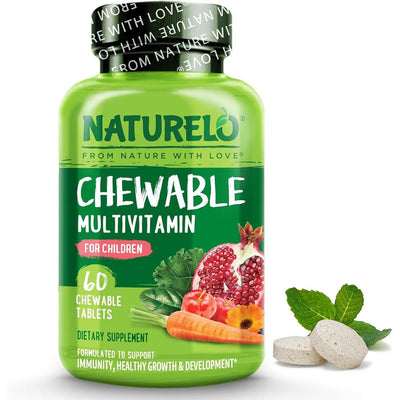 Naturelo Chewable Multivitamin for Children with Natural Vitamins & Fruit Extracts - No Sugar Added. Promotes Kids' Health &