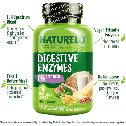 Naturelo Digestive Enzymes Full Spectrum Blend 90 Capsules - Gut Health Support for Digestion and Nutrient Absorption