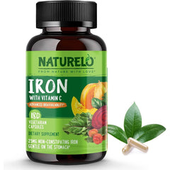 Naturelo Gentle Iron with Vitamin C Vegan Supplement - Iron Rich Formula for Energy & Immune Support