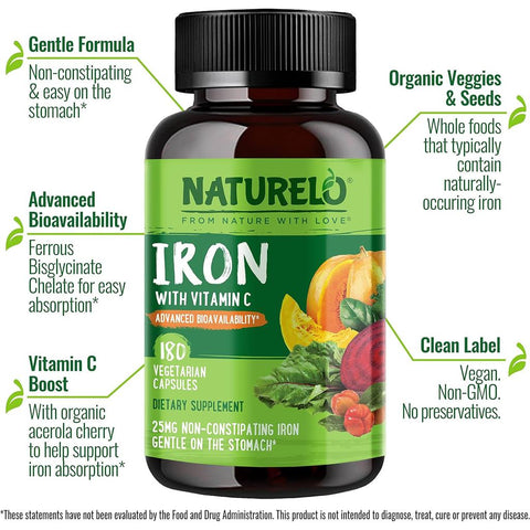 Naturelo gentle iron with vitamin C vegan supplement for energy and immunity boost - plant-based iron for better absorption.