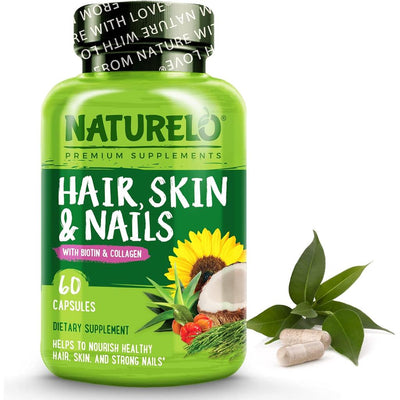 Naturelo hair skin nails with biotin, vitamin C & collagen supplement for healthy hair, skin & nails support.