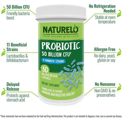 Naturelo Multibiotic 50 Billion CFU - 11 Balanced Strains, No Refrigeration Needed - Probiotic Supplement for Gut Health & Im