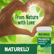 Naturelo multibiotic 50 billion CFU, 11 balanced strains, no refrigeration needed - Gut health support probiotic supplement.