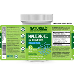 Naturelo Multibiotic 50 Billion CFU with 11 Balanced Strains - No Refrigeration Needed. Gut Health Probiotic Supplement.