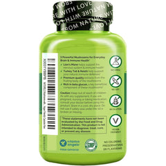 Naturelo mushroom supplement with Lion's Mane, Turkey Tail, and Reishi - Immune support and cognitive benefits formula.