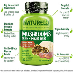 Naturelo Mushroom Supplement with Lions Mane, Turkey Tail and Reishi - Immune Support and Cognitive Health Boost