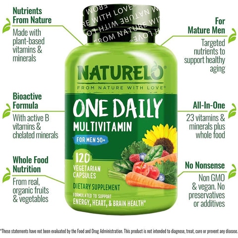 Naturelo One Daily Multivitamin for Men 50+: Plant-Based Men's Health Support with Organic Whole Foods & Bioactive Nutrients