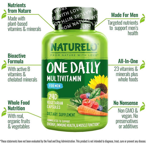 Naturelo One Daily Multivitamin for Men - Energy, Immunity, Muscle Function - Vitamins A, B, C, D, E, K, Minerals - Vegan, GM