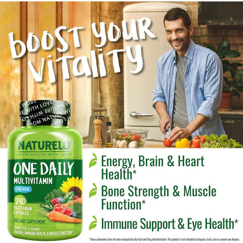 Naturelo One Daily Multivitamin for Men: Energy, Brain & Heart Health Formula with Natural Vitamins and Fruit Extracts.