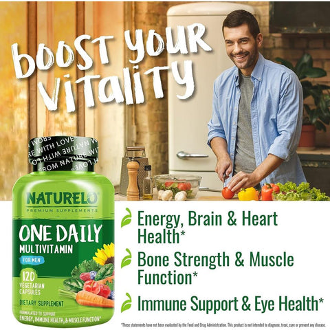 Naturelo One Daily Multivitamin for Men - Supports Energy, Immunity, Muscle Function, Brain & Heart Health, Bone Strength, Ey