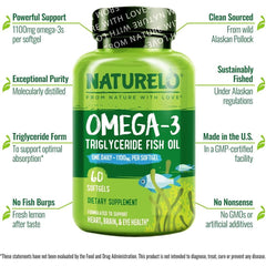 Naturelo Premium Omega-3 Fish Oil 1100 mg Triglyceride - One a Day. Supports heart health, brain function, joints & inflammat