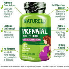 Naturelo Prenatal Whole Food Multivitamin with Methyl Folate, Calcium & Iron - Complete Pregnancy Nutrition Supplement.