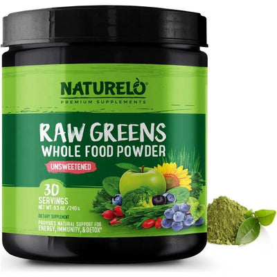 Naturelo raw greens powder with grasses, probiotics, and superfoods, unsweetened vegan blend - 30 servings.