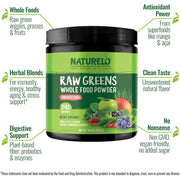 Naturelo Raw Greens Powder with Grasses, Probiotics & Superfoods - Unsweetened Vegan Blend (30 Servings) - Immune Support & E