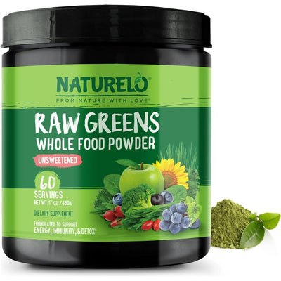 Naturelo raw greens powder with grasses, probiotics, and superfoods - vegan blend for 60 servings, unsweetened.