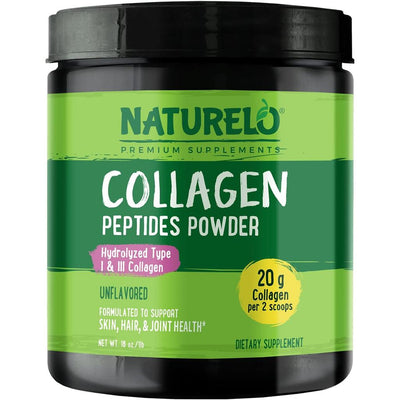 Naturelo unflavored collagen peptides powder for skin, hair & joints support - hydrolyzed protein supplement.