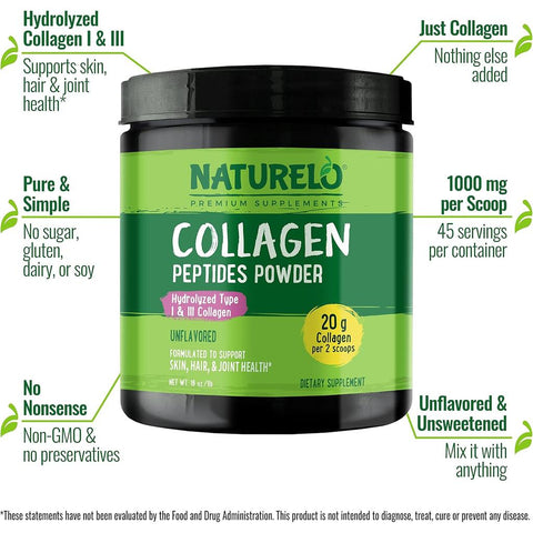 Naturelo unflavored collagen peptides powder - supports skin, hair, and joint health. Pure hydrolyzed protein supplement.