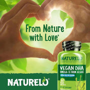 Naturelo Vegan DHA Omega-3 Oil from Algae with 800mg Pure DHA supplement for brain health and heart support.