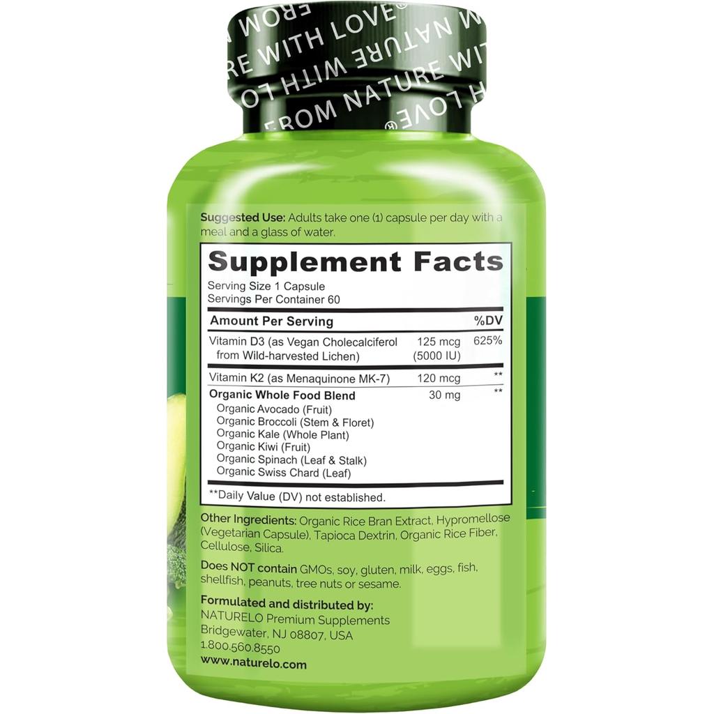 NATURELO Vitamin D3 + K2 with Whole Food Blend, image 3