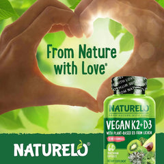 Naturelo vegan Vitamin K2 D3 supplement for bone health and immune support.