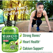 Naturelo vegan Vitamin K2 D3 supplement for bone health and immunity support, plant-based formula.