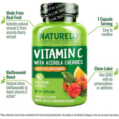 Naturelo Vitamin C with Acerola Cherry Citrus Bioflavonoids - Immune Support and Antioxidant Boost