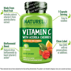 Naturelo Vitamin C with Acerola Cherry & Citrus Bioflavonoids - Immune Support & Antioxidant Boost - Vitamin C Supplements