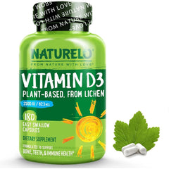 Naturelo Vitamin D from Natural Wild Harvested Lichen 2500 IU supplement for bone health and immune support.