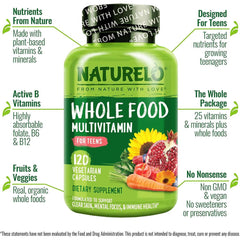 Naturelo Whole Food Multivitamin for Teens, Natural Vitamins & Minerals - Teenagers' Daily Health Support Supplement.