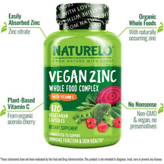 Naturelo Whole Food Vegan Zinc Supplement - Immune Support & Skin Health - Plant-Based Zinc for Overall Wellness