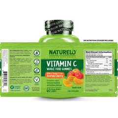 Naturelo Whole Food Vitamin C Gummies - Immune Support & Antioxidant Boost - Chewable Citrus Supplements - 60 Gummies