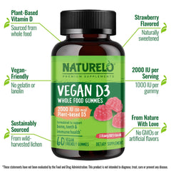 NATURELO Premium Supplements Whole Food Vitamin D3 Gummies for Adults