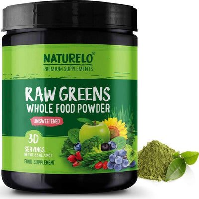 NATURELO® Premium Supplements - Health and Beauty Raw Greens Powder with Grasses, Probiotics and Superfoods - Unsweetened - 30 Servings (Vegan)