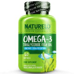 NATURELO® United Kingdom Health and Beauty 60 Capsules Premium Omega-3 Fish Oil - 1100 mg Triglyceride - One A Day